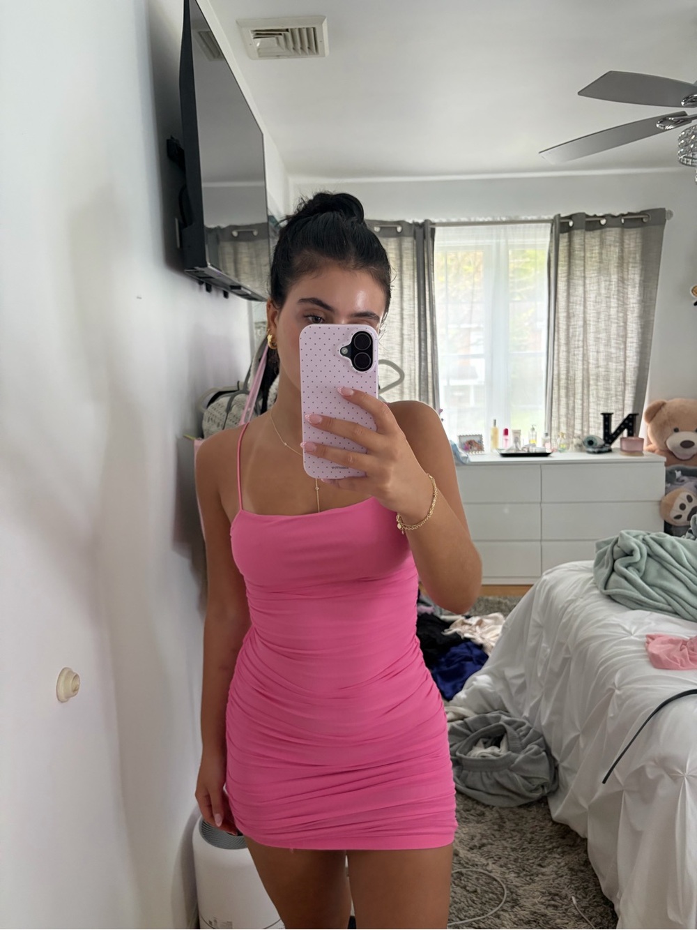 Hello Molly Hot Pink Ruched Spaghetti Strap Mini Dress - Picture 2 of 4